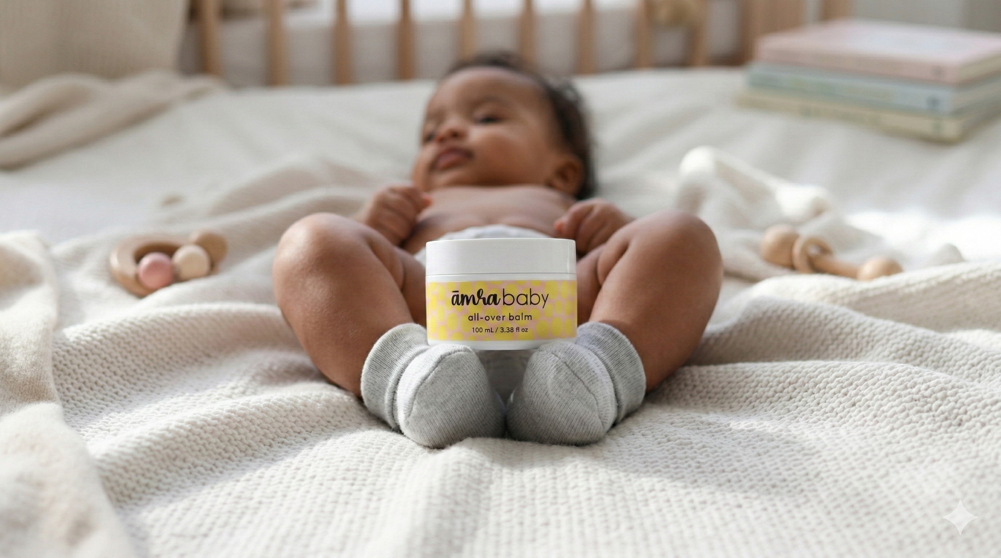 Infant resting on a textured blanket with a jar of Amra Baby Body Balm between their feet