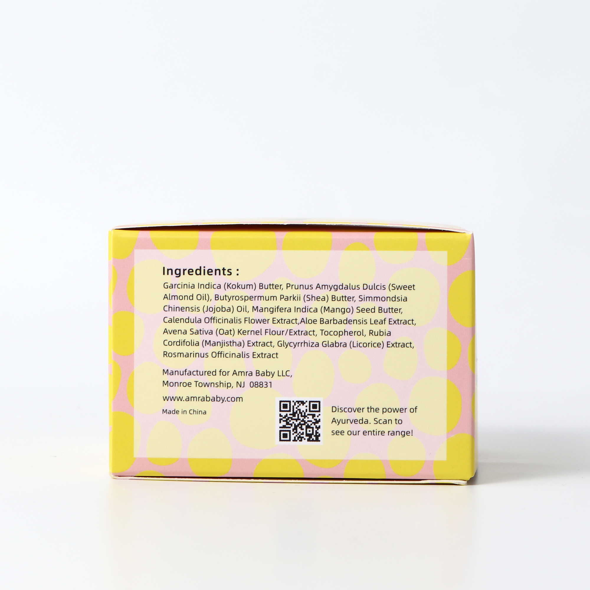 Product carton displaying natural ayurvedic ingredients list and QR code