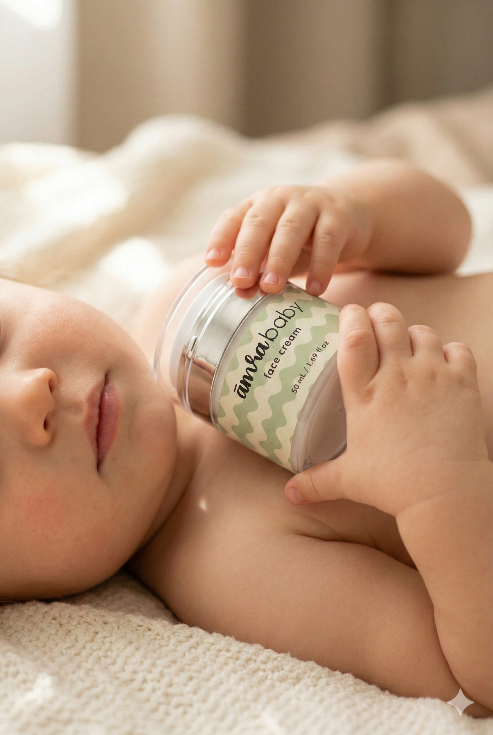 Baby holding the Amra Baby cream airless pump jar