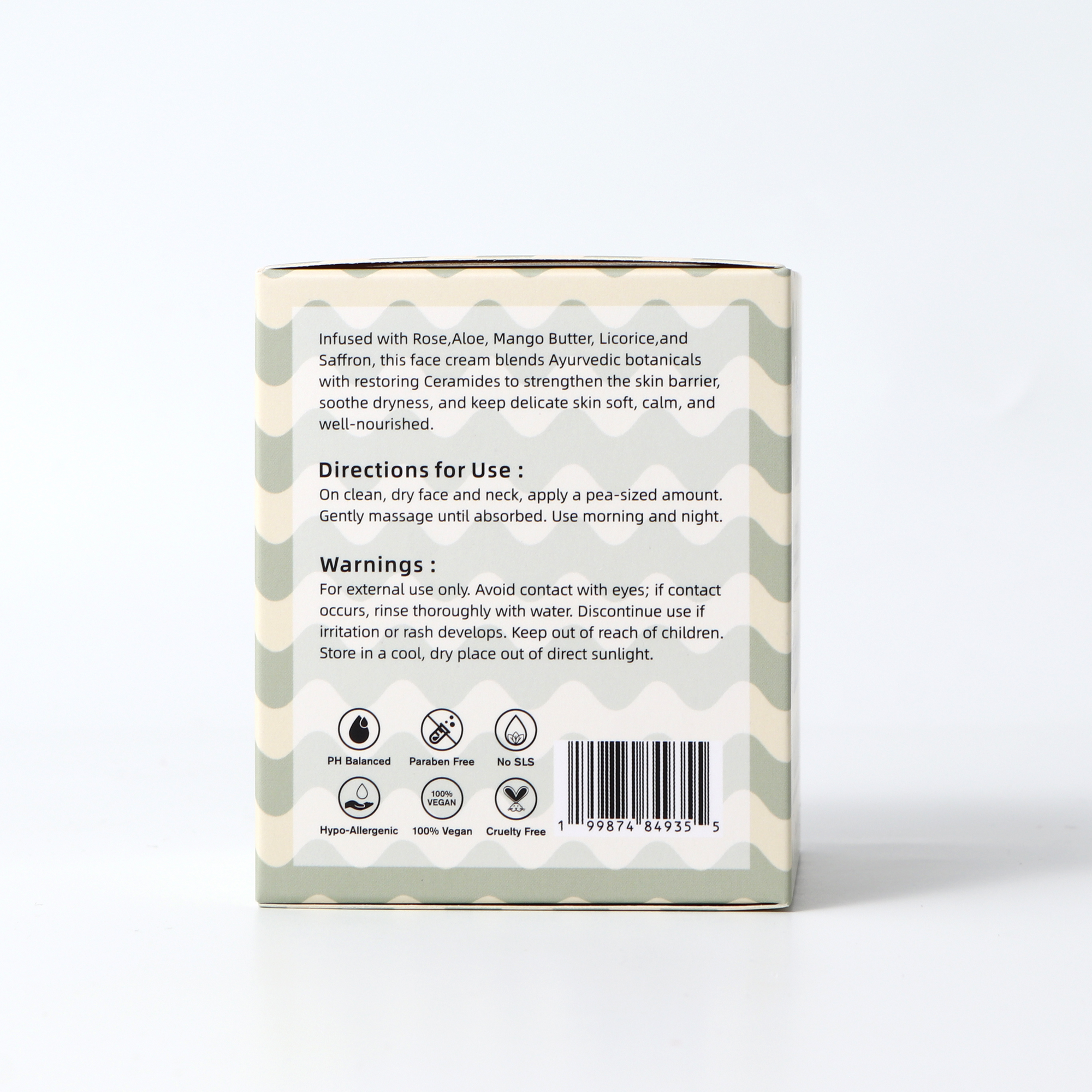 Back of face cream box showing Ayurvedic ingredients and warning labels