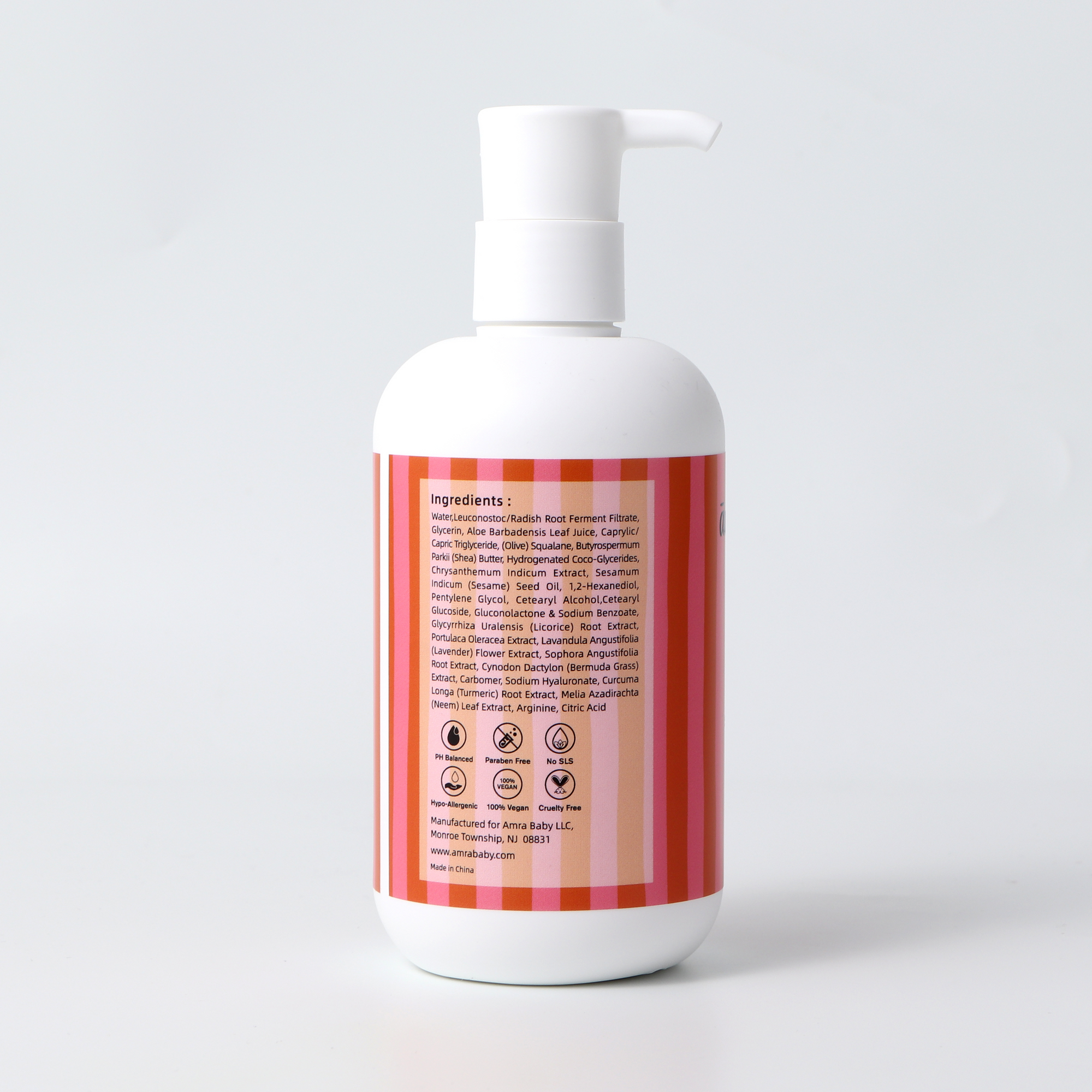 Close up of baby lotion label with Ayurvedic ingredient list