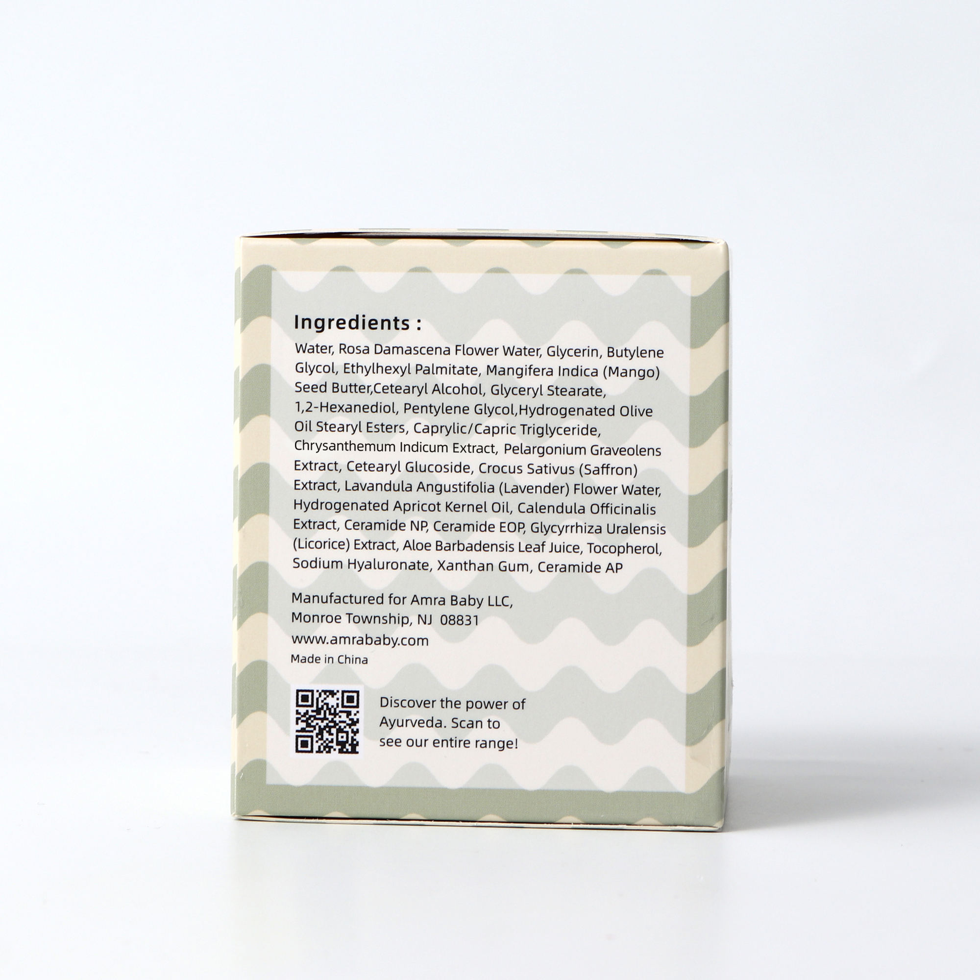 Side of ceramide baby face cream box displaying natural ingredients list and QR code